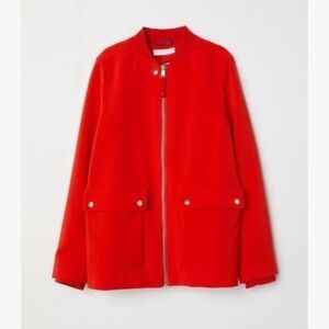 H&M Vivid Coral Red Zip up Bomber Style Minimalist Jacket Preppy Fall Coat Sz 8